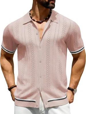 URRU Men's Knit Button Down Polo Shirt Short Sleeve Vintage Casual Summer Beach Tops