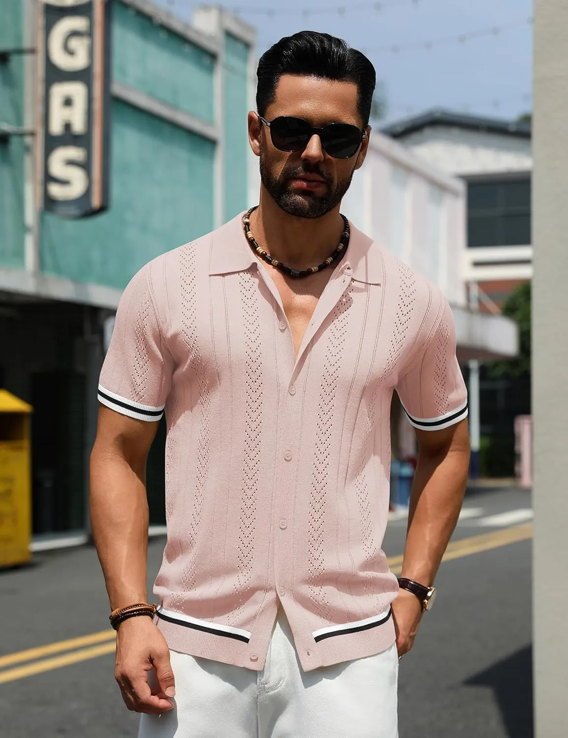 URRU Men's Knit Button Down Polo Shirt Short Sleeve Vintage Casual Summer Beach Tops