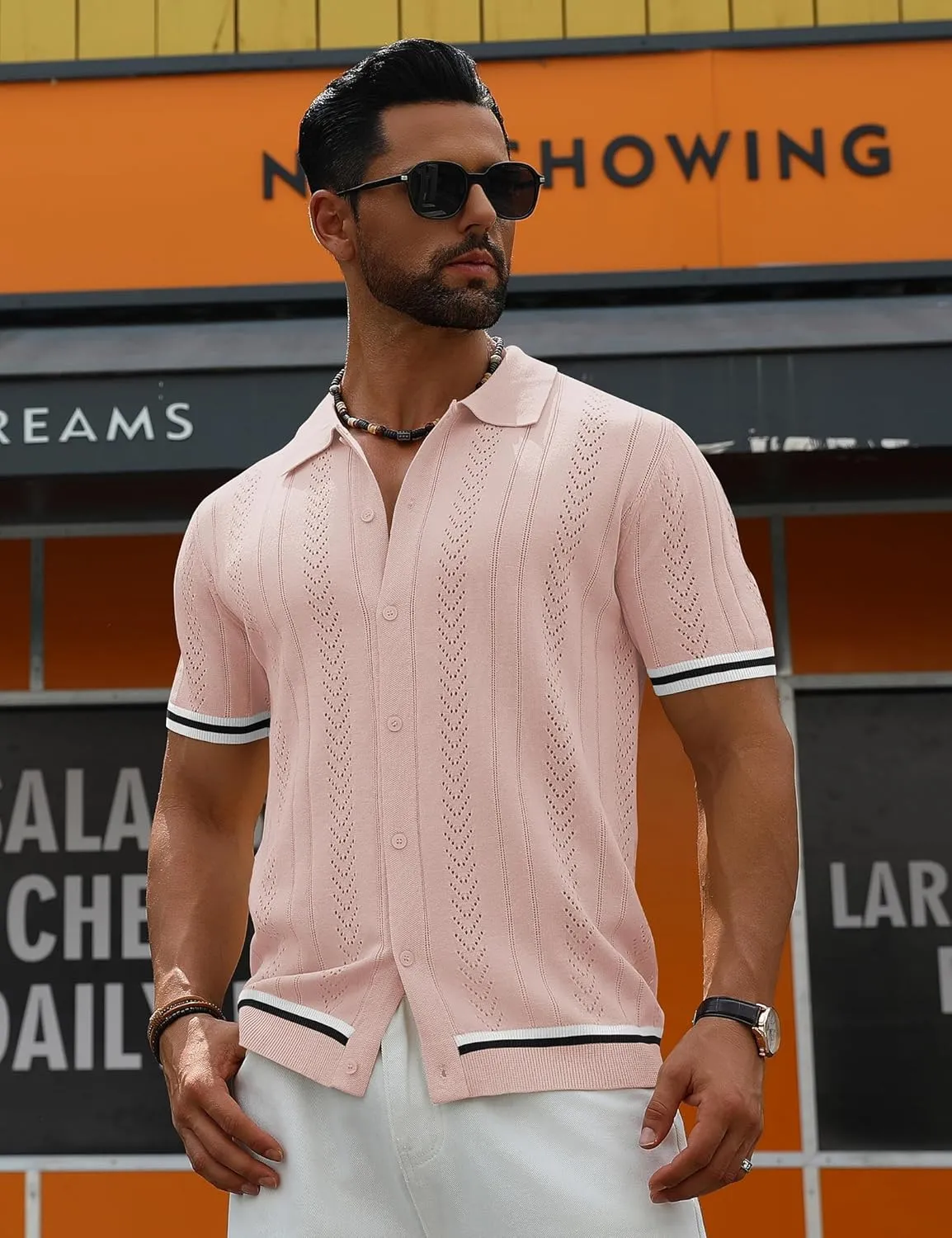 URRU Men's Knit Button Down Polo Shirt Short Sleeve Vintage Casual Summer Beach Tops