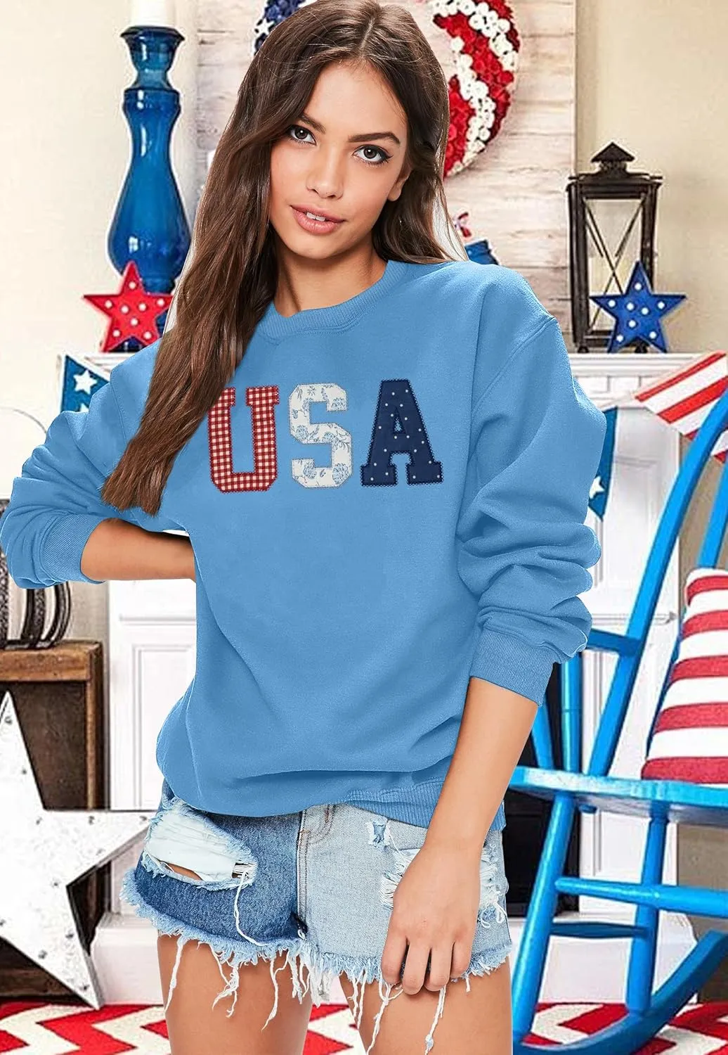 USA Sweatshirt Women American Flag Shirt Patriotic Tshirt Stars Stripes Pullover 4th of July Tee Tops