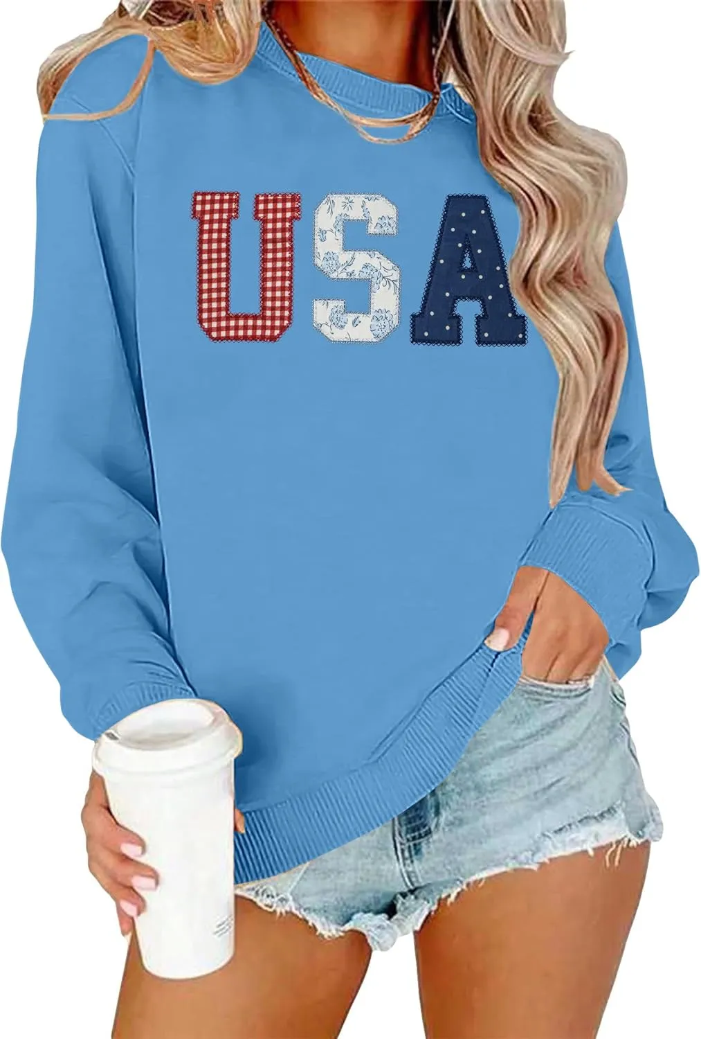 USA Sweatshirt Women American Flag Shirt Patriotic Tshirt Stars Stripes Pullover 4th of July Tee Tops