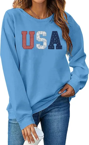 USA Sweatshirt Women American Flag Shirt Patriotic Tshirt Stars Stripes Pullover 4th of July Tee Tops