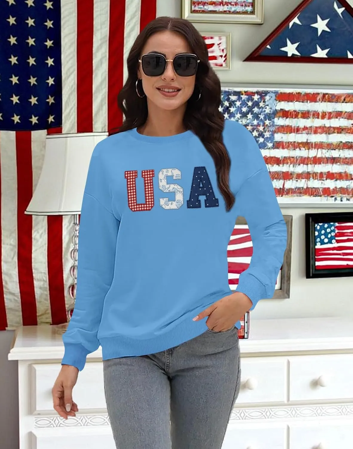 USA Sweatshirt Women American Flag Shirt Patriotic Tshirt Stars Stripes Pullover 4th of July Tee Tops