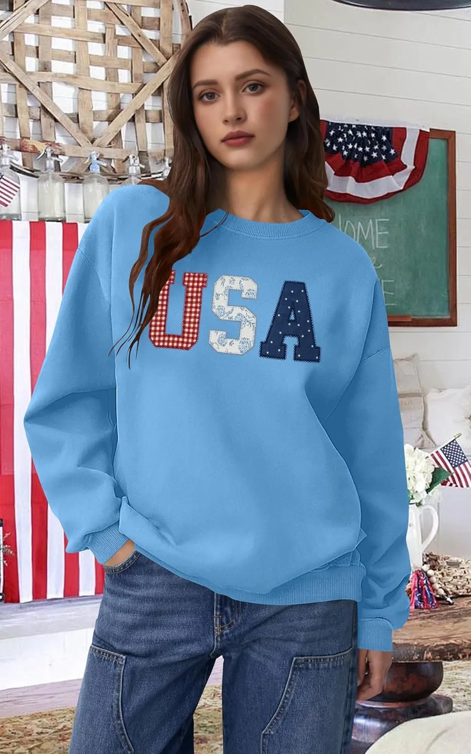 USA Sweatshirt Women American Flag Shirt Patriotic Tshirt Stars Stripes Pullover 4th of July Tee Tops
