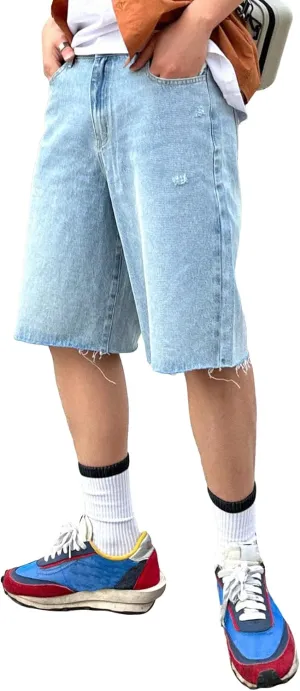 Verdusa Men's Frayed Raw Hem Loose Bermuda Denim Shorts