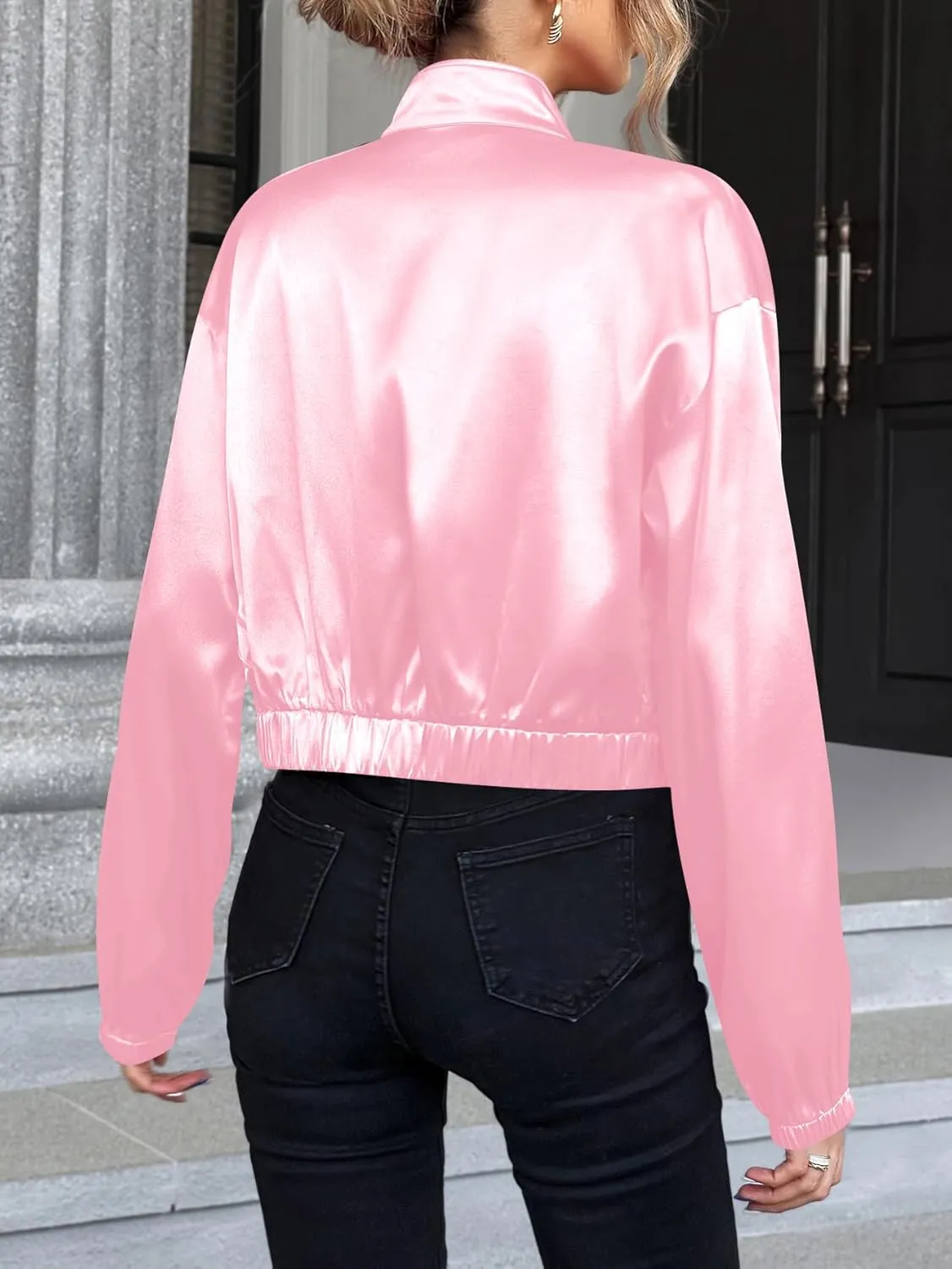 Verdusa Women's Bomber Satin Lightweight Jacket Drop Shoulder Long Sleeve Zip Up Outerwear