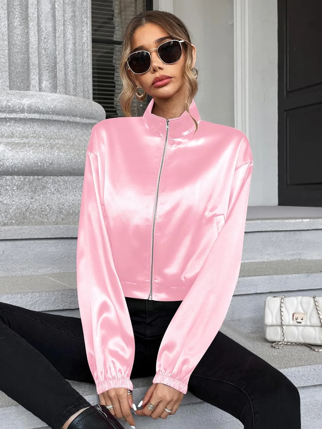 Verdusa Women's Bomber Satin Lightweight Jacket Drop Shoulder Long Sleeve Zip Up Outerwear