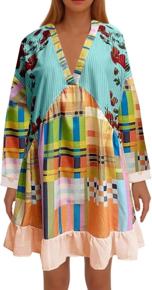 Vestidos Casuales para Mujer Cortos Boho V Neck Long Sleeve Ruffle Mini Dress 2024 Fall Casual Loose Babydoll Dress
