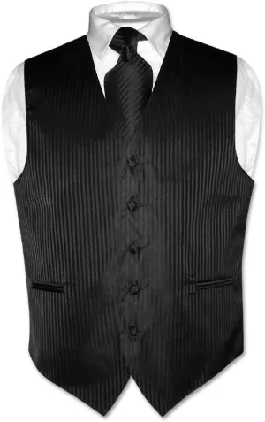 Vesuvio Napoli Men's Dress Vest & NeckTie BLACK Color Vertical Striped Design Neck Tie Set