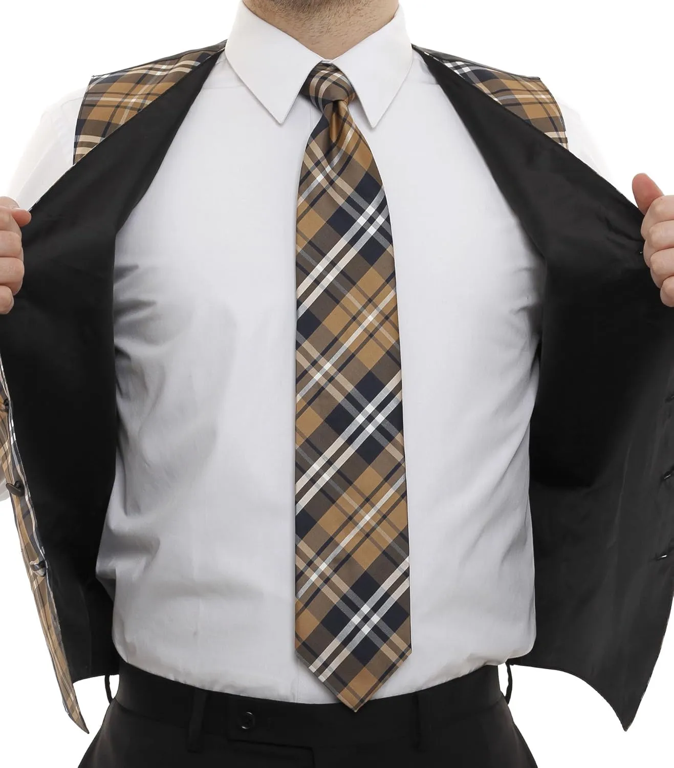 Vesuvio Napoli Men's Plaid Design Dress Vest & NeckTie Black Gray White Neck Tie Set