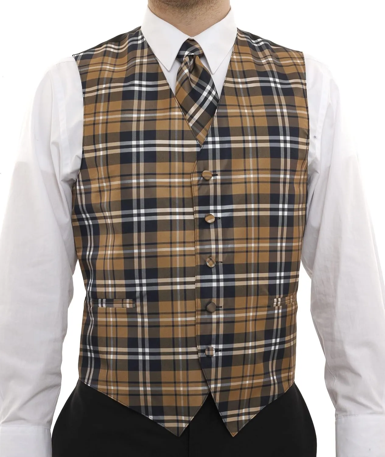 Vesuvio Napoli Men's Plaid Design Dress Vest & NeckTie Black Gray White Neck Tie Set