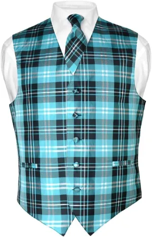 Vesuvio Napoli Men's Plaid Design Dress Vest & NeckTie Black Gray White Neck Tie Set