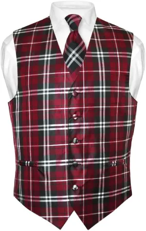 Vesuvio Napoli Men's Plaid Design Dress Vest & NeckTie Black Gray White Neck Tie Set