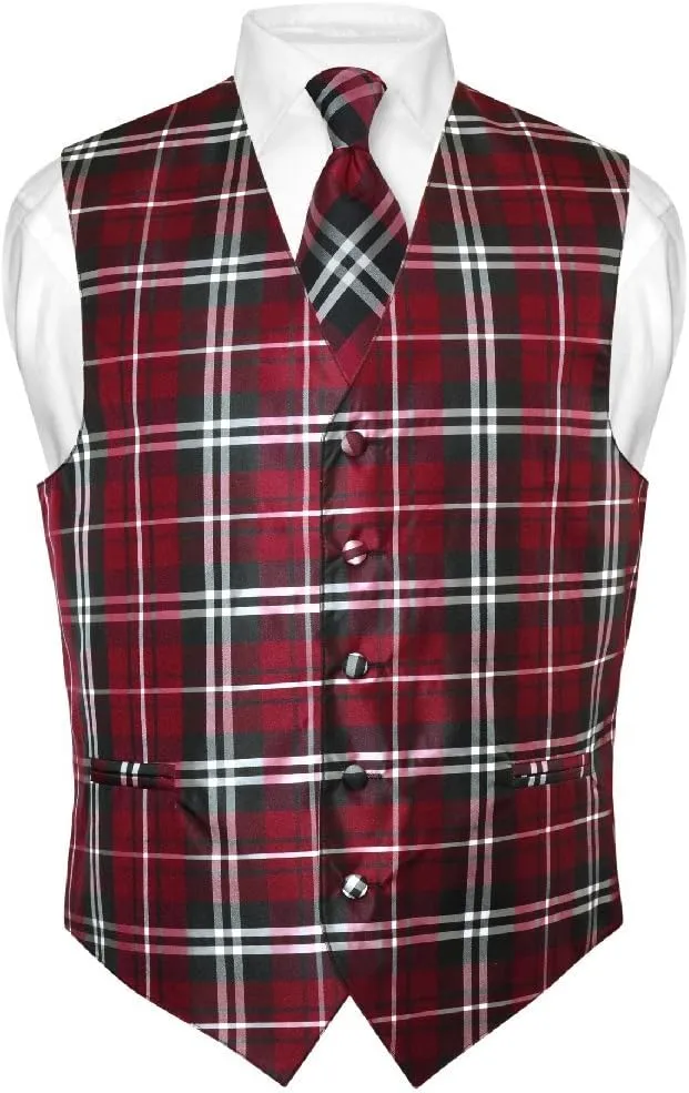 Vesuvio Napoli Men's Plaid Design Dress Vest & NeckTie Black Gray White Neck Tie Set