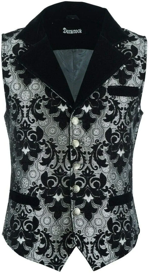 Victorian Steampunk Edwardian Western Brocade Silver Black Gothic Men's Vest