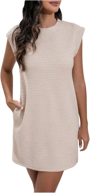 Vintage Cap Sleeve Mini Dress Women Summer Casual Crewneck Tunic Dresses Loose Fit Work T Shirt Dress with Pockets