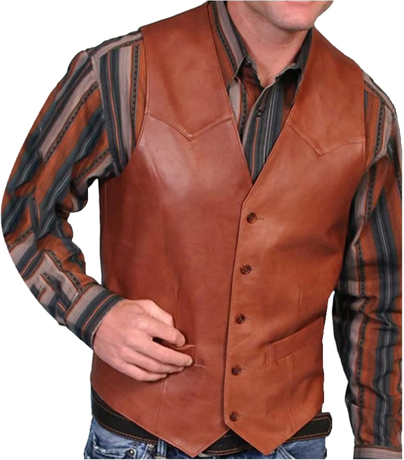 Vintage Leather Vest for Men Slim Fit V Neck Button Down Waistcoat Western Cowboy Vest Retro Sleeveless Jacket Brown