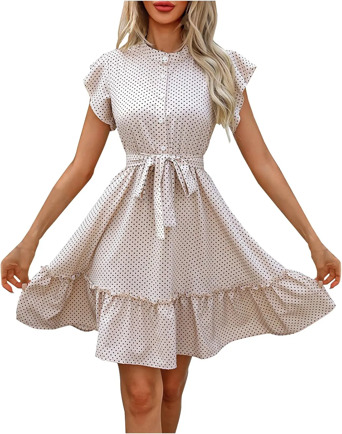 Vintage Mini Dress for Women Button Down Mock Neck Flutter Sleeve Polka Dots A Line Tea Party Dresses with Belts