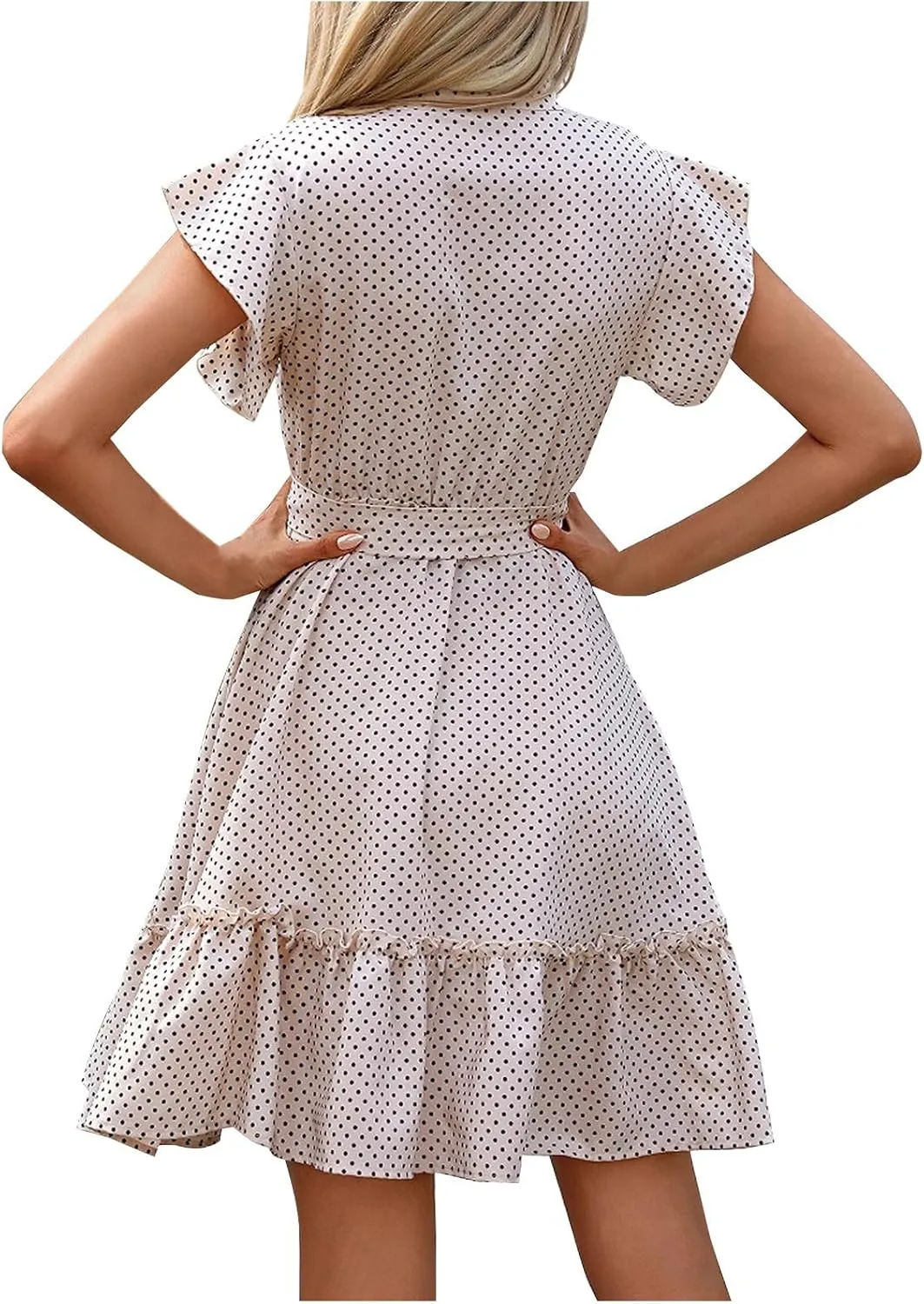 Vintage Mini Dress for Women Button Down Mock Neck Flutter Sleeve Polka Dots A Line Tea Party Dresses with Belts