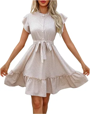 Vintage Mini Dress for Women Button Down Mock Neck Flutter Sleeve Polka Dots A Line Tea Party Dresses with Belts