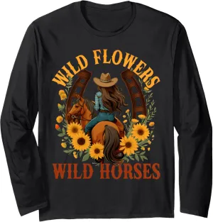Vintage Southern Sunset Cowgirl Wild Flowers - Wild Horses Long Sleeve T-Shirt