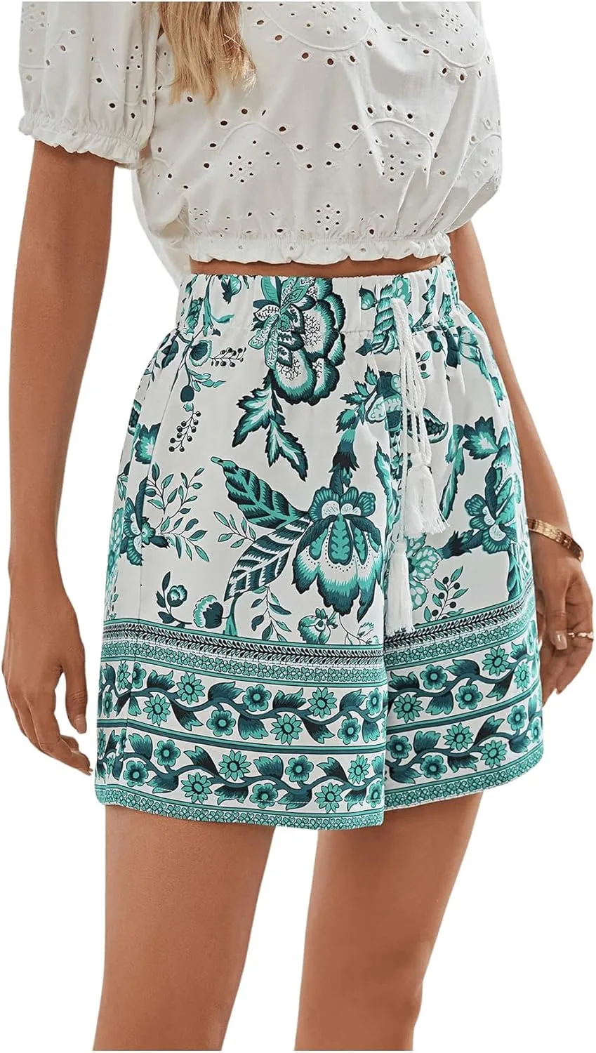 WDIRARA Women's Loose Boho Casual Summer Shorts Floral Print Elastic High Waist Knot Comfy Wide Leg Shorts
