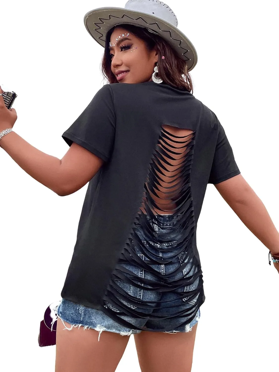 WDIRARA Women's Plus Size Ripped Cut Out Back T Shirt Short Sleeve Loose Fit Tee Top