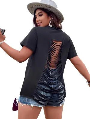 WDIRARA Women's Plus Size Ripped Cut Out Back T Shirt Short Sleeve Loose Fit Tee Top