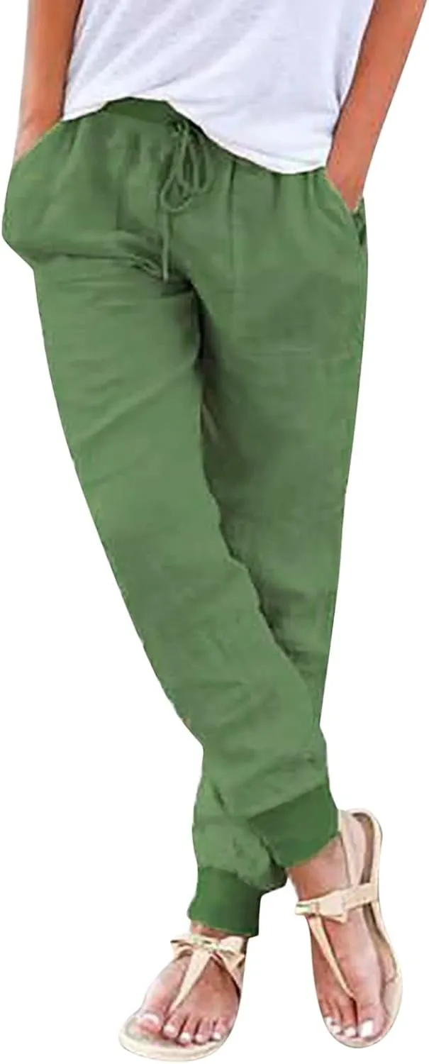 Wide Leg Casual Linen Pants for Women, Solid Color Cropped Capris Trouser with Pockets Comfort Yoga Soft Lounge Trousers