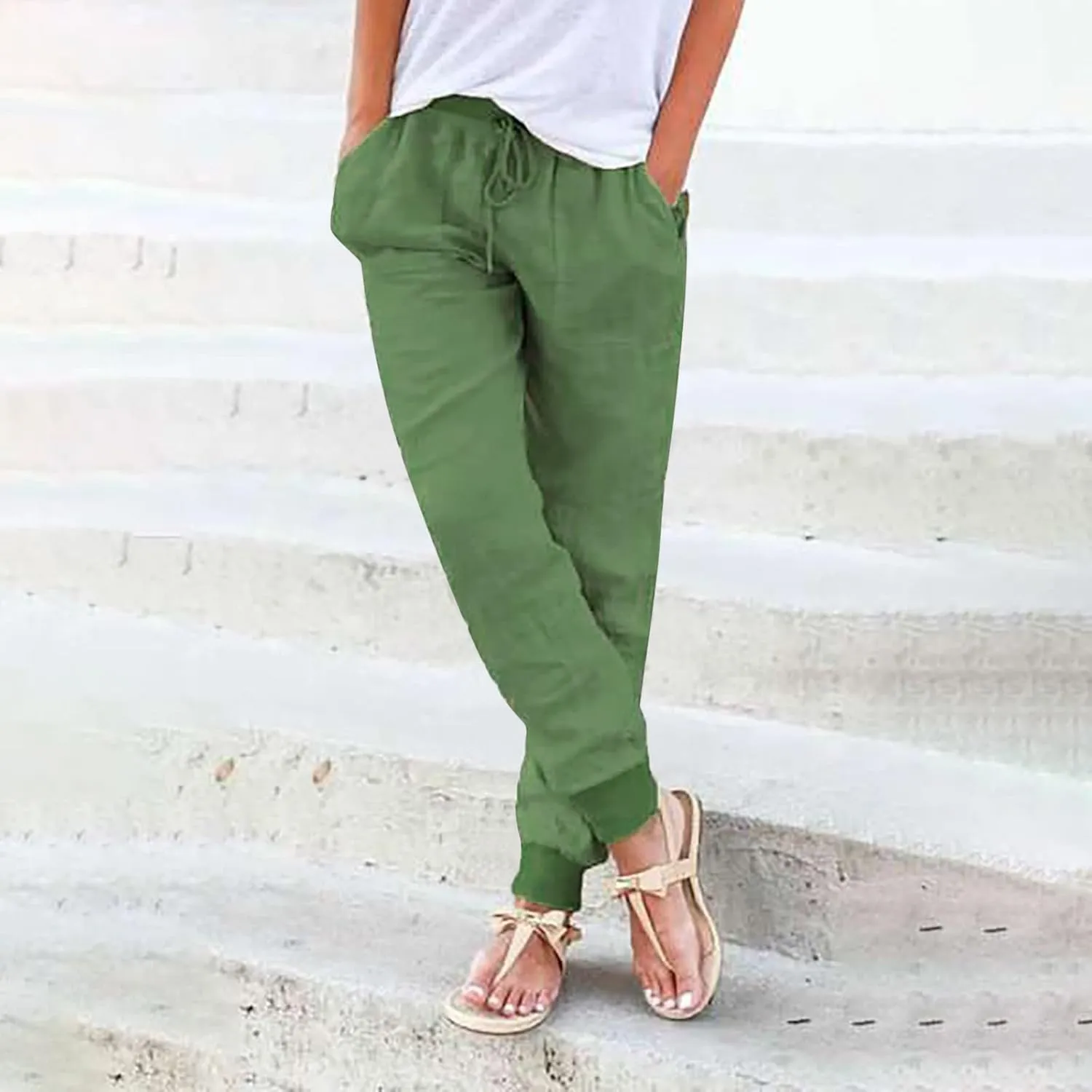 Wide Leg Casual Linen Pants for Women, Solid Color Cropped Capris Trouser with Pockets Comfort Yoga Soft Lounge Trousers