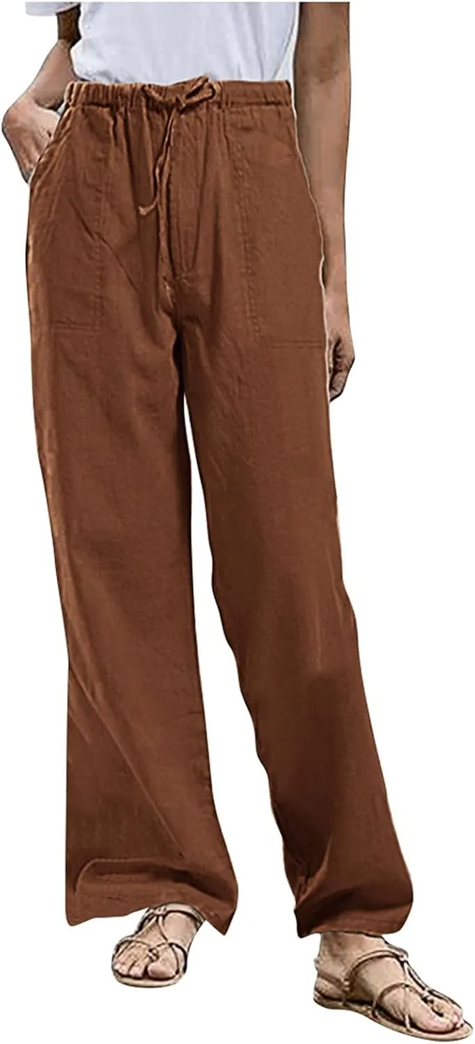 Wide Leg Pants for Women Summer Casual Cotton Linen Baggy Pant Elastic Waist Long Comfy Trousers with Pockets
