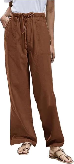 Wide Leg Pants for Women Summer Casual Cotton Linen Baggy Pant Elastic Waist Long Comfy Trousers with Pockets