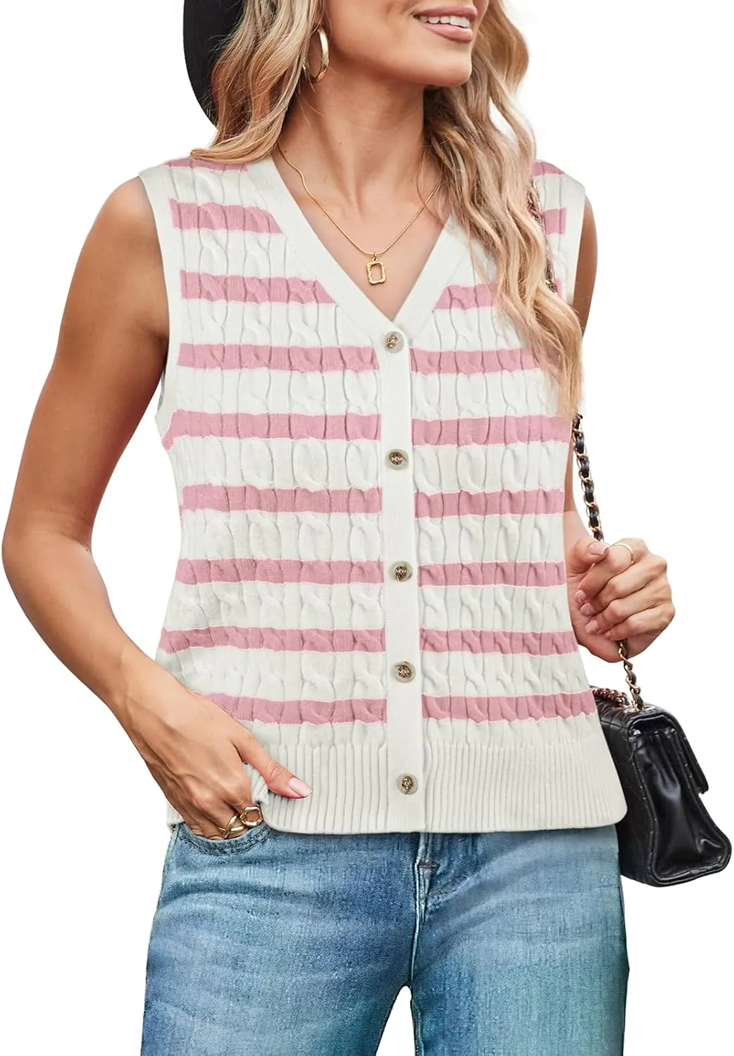 WIHOLL Womens Sweater Vest Cable Knit Button Down Cute Sleeveless Spring Summer Clothes 2025