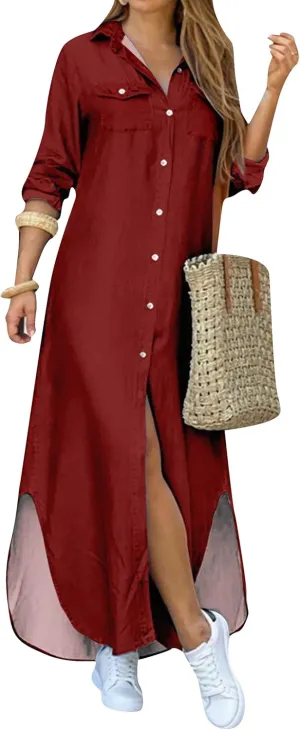 WIWIQS Women's Casual Loose Maxi Shirt Dress Lapel Rolled up Sleeve Button Down Dress Floral Print Open Front Long Dresses