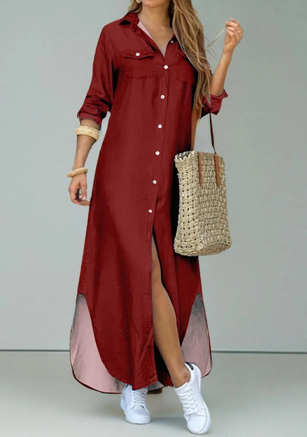 WIWIQS Women's Casual Loose Maxi Shirt Dress Lapel Rolled up Sleeve Button Down Dress Floral Print Open Front Long Dresses