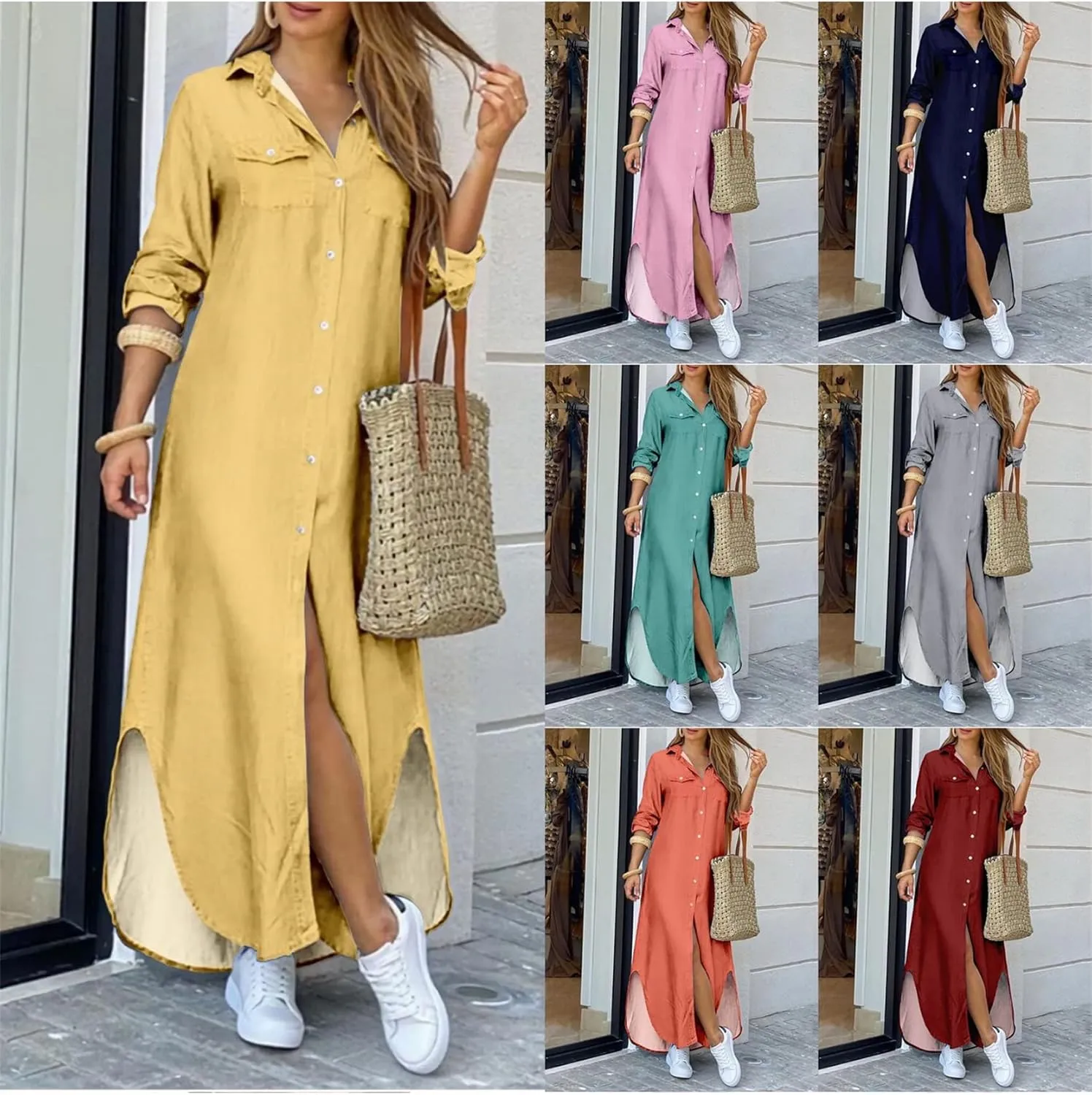 WIWIQS Women's Casual Loose Maxi Shirt Dress Lapel Rolled up Sleeve Button Down Dress Floral Print Open Front Long Dresses