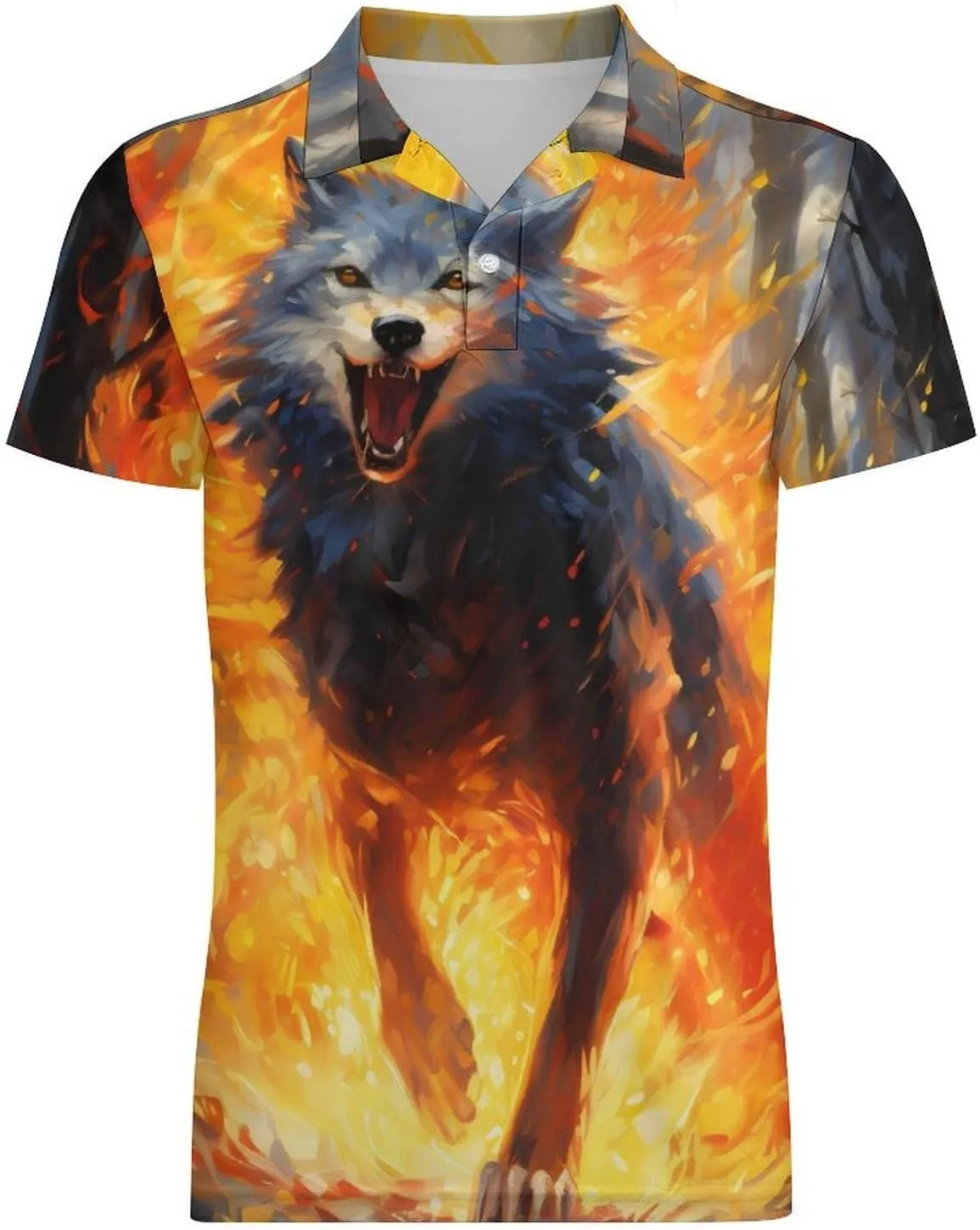 Wolf Flame Men's Polo Shirt Short Sleeve Casual Athletic Quick Dry Golf T-Shirts