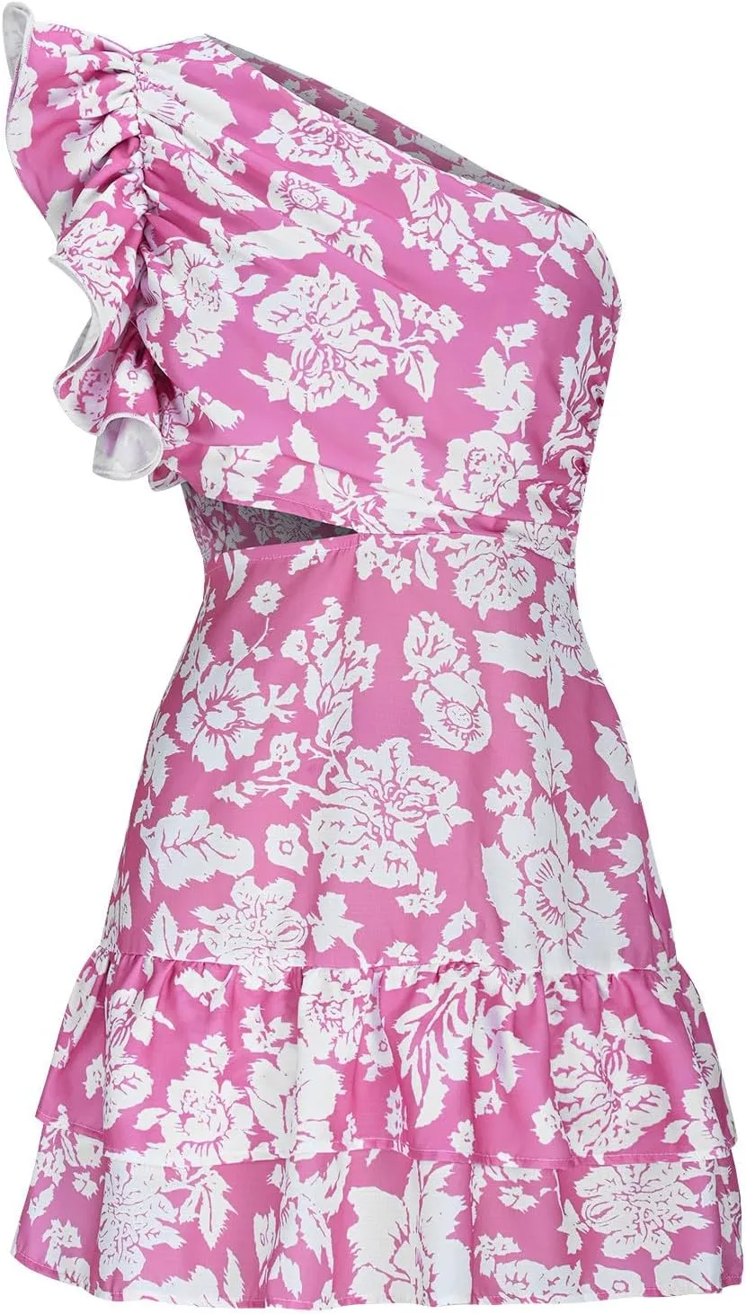Women Boho Floral Beach Dress Frill Sleeveless One Shoulder Cut Out Mini Dresses Summer Tiered Ruffle Vacation Dress
