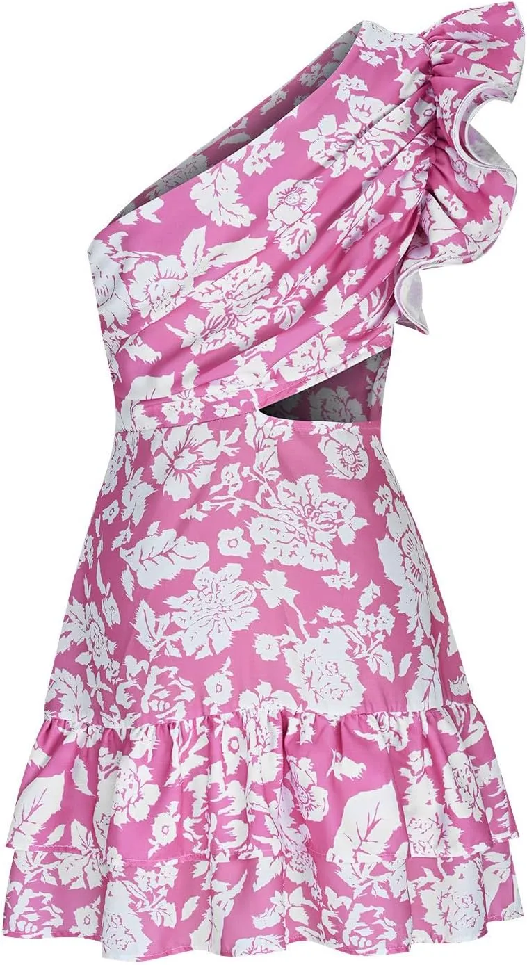 Women Boho Floral Beach Dress Frill Sleeveless One Shoulder Cut Out Mini Dresses Summer Tiered Ruffle Vacation Dress