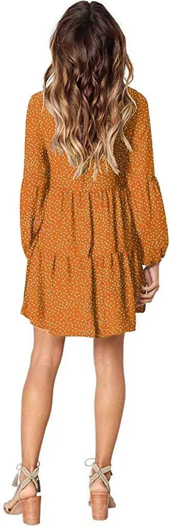 Women Casual Dot Print Sexy V Neck Long Sleeve Mini Dress Plus Size Ruffle Flowy Summer Loose Swing Dress