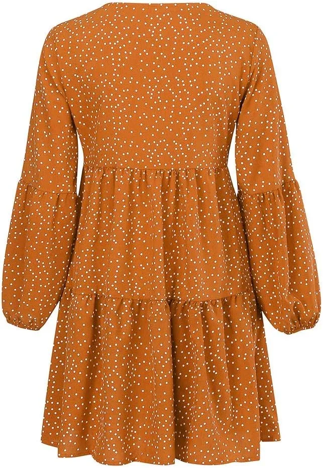 Women Casual Dot Print Sexy V Neck Long Sleeve Mini Dress Plus Size Ruffle Flowy Summer Loose Swing Dress