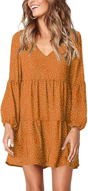 Women Casual Dot Print Sexy V Neck Long Sleeve Mini Dress Plus Size Ruffle Flowy Summer Loose Swing Dress