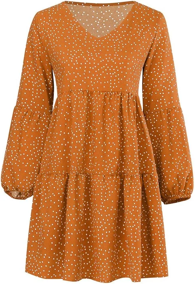 Women Casual Dot Print Sexy V Neck Long Sleeve Mini Dress Plus Size Ruffle Flowy Summer Loose Swing Dress