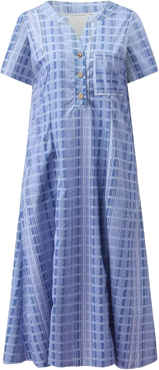 Women Casual Dress Summer Stripe Button V Neck Sleeveless with Pocket Long Dresses Holiday Beach Party Midi Dress
