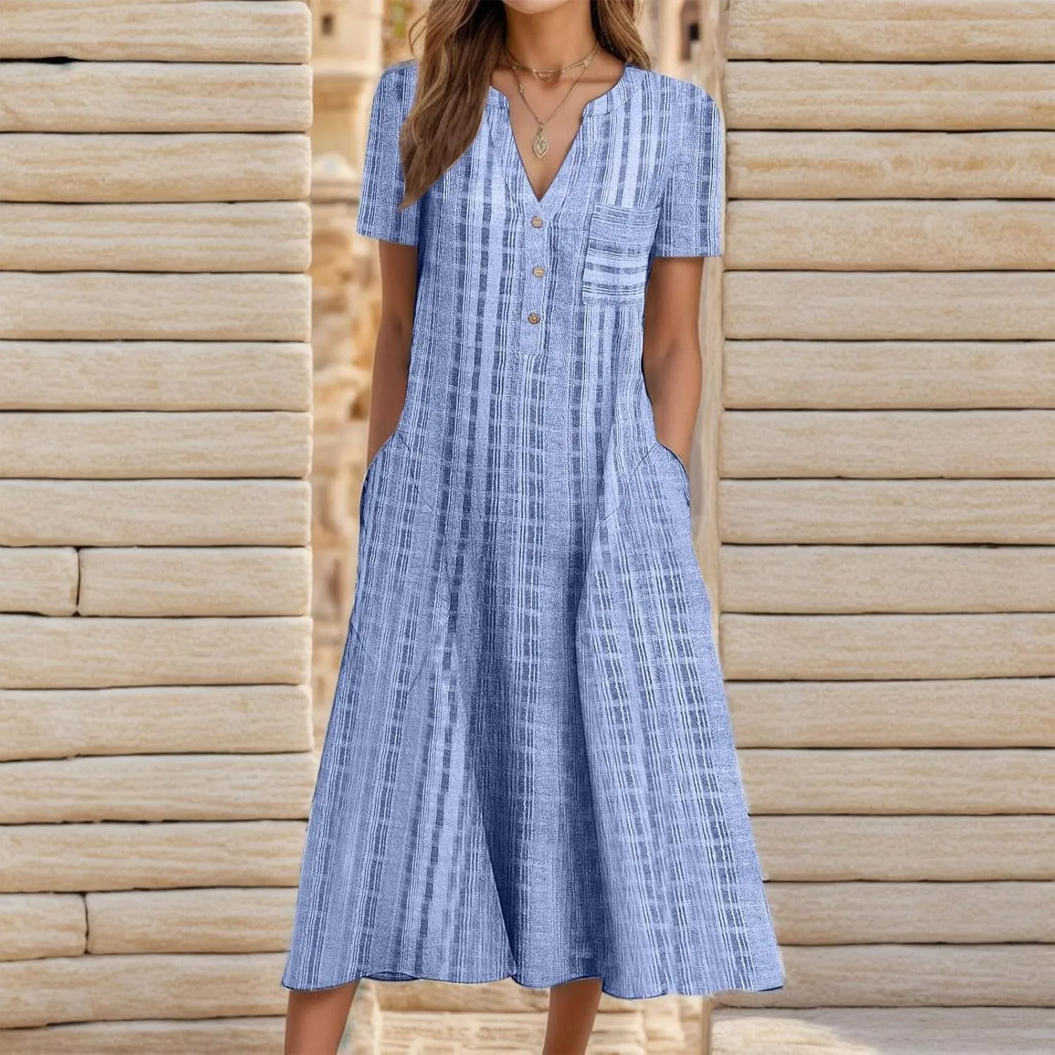 Women Casual Dress Summer Stripe Button V Neck Sleeveless with Pocket Long Dresses Holiday Beach Party Midi Dress