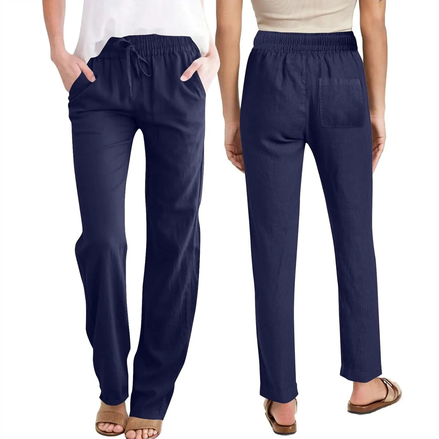 Women Casual Long Pants with Pockets Drawstring Elastic Waist Straight Leg Trousers 2025 Spring Summer Outfits