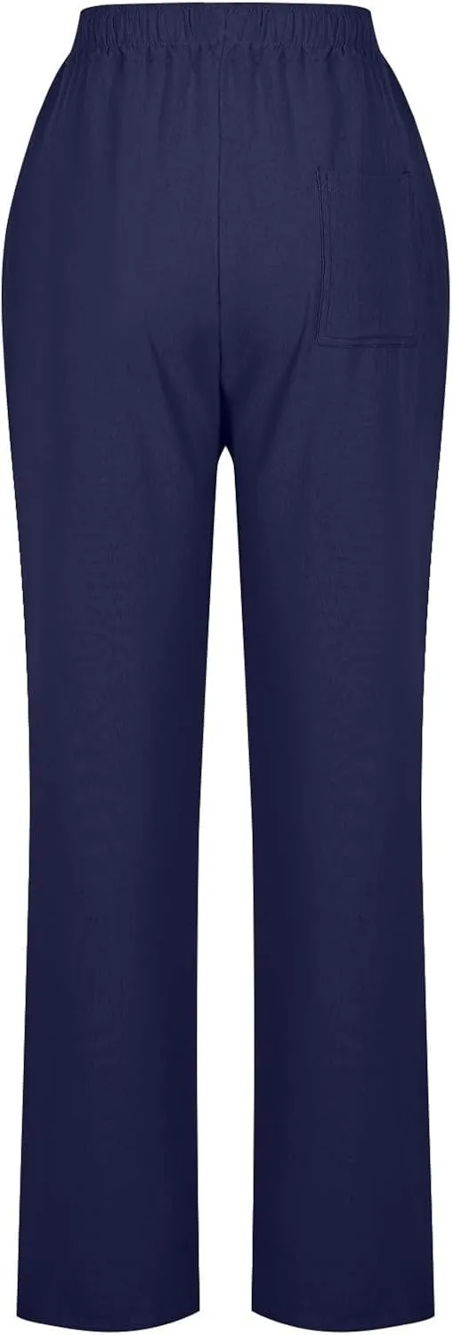 Women Casual Long Pants with Pockets Drawstring Elastic Waist Straight Leg Trousers 2025 Spring Summer Outfits