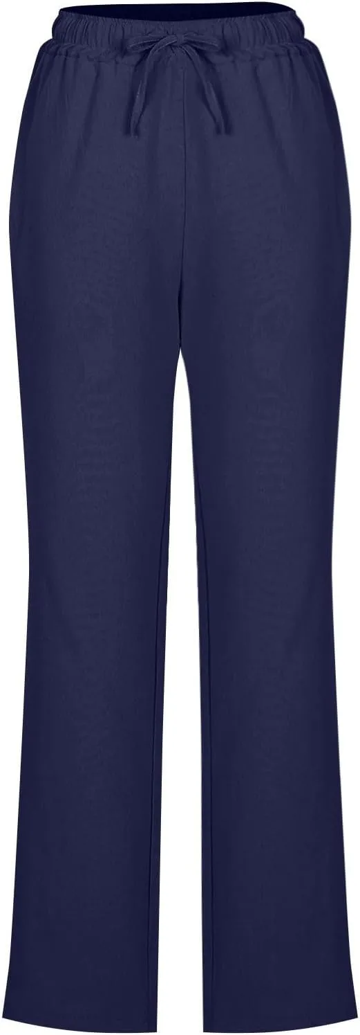 Women Casual Long Pants with Pockets Drawstring Elastic Waist Straight Leg Trousers 2025 Spring Summer Outfits