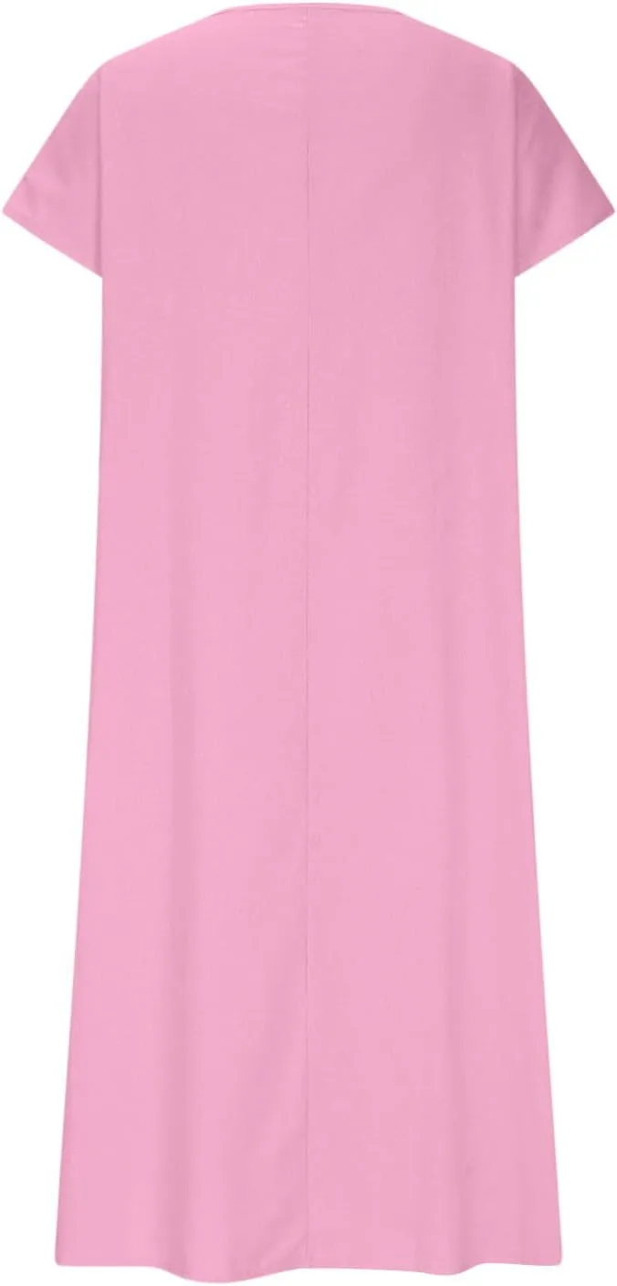 Women Cotton Linen Breathable Maxi Dress, Summer Casual Short Sleeve Flowy Beach Sundress Solid V-Neck Loose Dresses