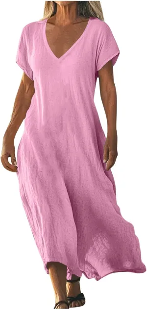 Women Cotton Linen Breathable Maxi Dress, Summer Casual Short Sleeve Flowy Beach Sundress Solid V-Neck Loose Dresses